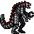 Pixelated creature with gray and black body, red dorsal spikes, white chest plates, open mouth showing teeth, tail curled left, standing on two legs.