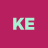 Light cyan 'KE' letters on solid magenta background with pixelated edges.