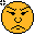 Pixelated circular face icons in three display varying expressions with color shifts from orange to beige against a gray background