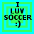 Four identical pixelated icons display "I LUV SOCCER :)" text with green and cyan layered squares, each icon showing a different arrangement of square layers.
