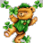 Animated pixel art of a brown bear wearing green shamrock-themed clothing, surrounded by floating clovers on a gray background.