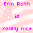 Pixelated text on a pink and white striped background with scattered white dots, repeating 'Erin Roth is really nice' in purple letters.