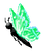 Four pixelated views of a black insect with green translucent wings against a gray background, showing different wing positions and angles.