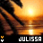 Sunset over water with palm trees, two yellow and white pixelated symbols on black background below text.