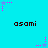 Cyan background with repeated 'asami' text and pink/purple star-shaped pixel art elements in a pattern