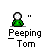 _Peeping Tom_ text appears below a green figure with white spherical head; some frames show the figure waving or standing before a blue sky background with clouds and green ground.