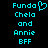 Two identical cyan pixelated text blocks on black background, each reading 'Funda Chela and Annie BFF' with a heart symbol replacing the 'o' in Funda.