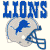 Blue 'LIONS' text above a gray football helmet with blue accents and a blue lion logo on the side.