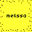 Yellow background with four instances of the text 'melissa' in black pixelated font arranged in a , surrounded by scattered black dots forming a border