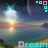 Animated scene of a sunset over water with the word 'Dream' in stylized text, featuring shifting color patterns and pixelated light effects.