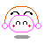 Pixelated character with white face, pink outline, red plus signs for cheeks, black curved eyebrows, and orange headphones with pink earpieces.