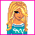Pixel art contact sheet showing a blonde female character in various poses and clothing combinations with pink "KT" text on dark purple backgrounds.