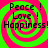 Four identical display a green and pink spiral background with black text reading Peace! Love! Happiness!