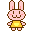 Pixel art bunny with pink body, brown outline, and yellow shirt in two poses: smiling with open eyes and closed eyes with hands near mouth.