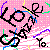 Pixelated icon with black stylized text on pink checkered background, accented by blue, green, purple, and yellow lines.