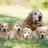 A four-quadrant image with a dog photo in the top-left, pixelated text on yellow backgrounds, and a gray square.
