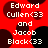 Red background with dark circular shapes and white text reading "Edward Cullen<33 and Jacob Black<33" in pixelated font.