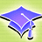 Four blue graduation caps with purple squares and white outlines arranged in a on a light green background, two showing tassels