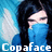 Pixelated image of a person with long dark hair wearing blue clothing and a light blue mask covering the lower face, set against a gradient background.