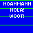 Blue background with white pixelated text 'NOAHMANN', 'HOLA!', and 'WOOT!' repeated in a pattern, separated by green horizontal lines