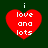 Four identical red heart-shaped icons with white text "i love and lots" on a dark green background, arranged in a