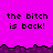 Pixelated text 'the bitch is back!' repeated across a bright pink background with dark purple jagged borders.