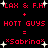 Red pixelated text on black background with white starbursts, displaying 'LAX & F.H. + HOTT GUYS = *Sabrina*' in two identical vertical