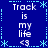 Blue background with white text reading "Track is my life <3" arranged in a pattern, surrounded by light blue decorative borders and star-like symbols