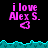 Pixelated text reads "i love Alex S." in pink with a heart symbol below, set against black background and cyan wave pattern.