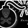 Black-and-white pixelated icon featuring a skull and crossbones within an ornate white border, with partial text visible on the right side.