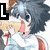 Pixelated anime-style character with dark blue hair and blue eyes, wearing white shirt with red accents, holding light brown object near mouth.