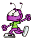 Purple cartoon character with antennae, green shirt, purple pants, and white sneakers in four distinct poses on gray background.