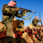 Pixelated static image shows two figures in camouflage gear holding rifles against a blue sky background with red and green details on their uniforms.