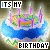 Animated birthday cake icon with changing text colors across 17 frames arranged in a contact sheet layout, featuring blue frosting, white icing borders, and purple candles on top of the cake.