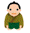 Pixelated character in green patterned shirt and dark green shorts with varying facial expressions and head positions across three