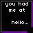 Four identical black square with purple borders display white pixelated text reading "you had me at hello..."; two include small purple symbols