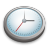 Pixelated clock icon with silver border, white face, blue gradient, black hour hand, gray minute hand, red second hand, and no numerals.