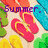 Colorful flip-flops in red, yellow, green, blue, and orange arranged on a light beige background with purple text reading 'Summer, Love, and flip-flops'.