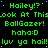 Green text on black background repeats 'Hailey!?', 'look At This', 'BallGazer!', 'haha:D', and 'luv ya hail!' in a pattern with blue pixel dots
