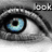 A four- shows a blue eye with text 'look' above, a purple rose with 'both', and a rainbow-colored eye with reversed text 'SAYS' below