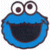 A pixelated blue cartoon monster face with large eyes and a wide open mouth next to the text 'cookie monster!!' in blue pixelated font on a white background.