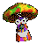 A pixelated mushroom-shaped character with a colorful cap and stem, holding a small object, changes pose across frames.