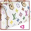 A static image shows a white fabric surface with repeating monogram patterns including 'LV' letters, four-pointed stars, and circular motifs in multiple colors.