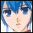 Pixelated anime-style character with blue hair and large eyes, next to stylized text on a black background.