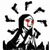 Pixelated static icon of a stylized figure with long black hair, red eyes, and multiple angular black shapes surrounding the head against white background.