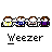 A 4x3 contact sheet of Weezer-themed animated buddy icons showing various pixel art frames including stick figures, waveform patterns, and text labels on a gray background.