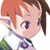 Pixelated anime-style character head with red and brown hair, purple eyes, and a white-and-purple outfit against transparent background.