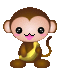Pixel art monkey character with two expressions in a contact sheet format, brown fur and yellow belly band on gray background.