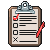 Pixelated clipboard with brown frame, silver clip, and beige paper showing four items: first item has red checkmark, next two are empty boxes, last is X mark, red pen on right side.
