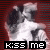 Animated sequence of a couple kissing with text changing from 'kiss me' to 'now' on a red striped background.